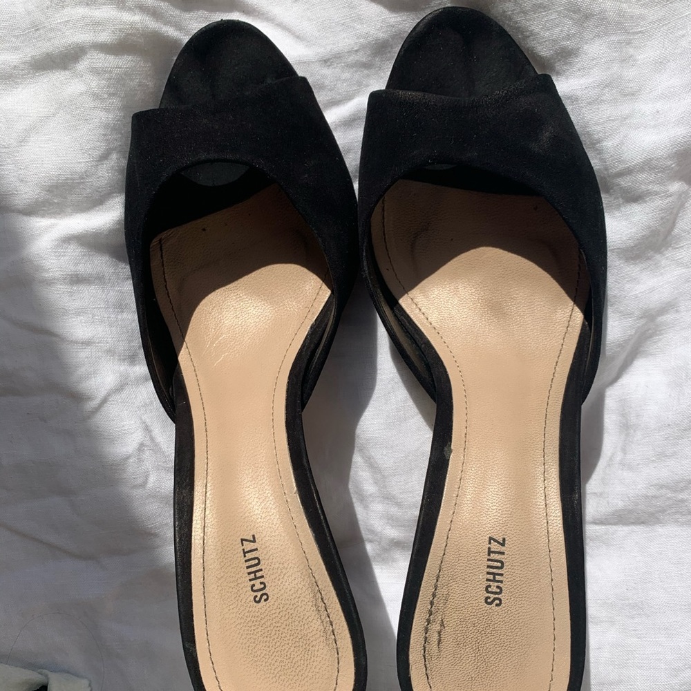 SCHUTZ black suede mules